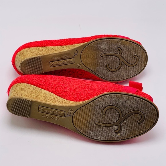 American Eagle Pink Peep Toe Crochet Cork Wedges - Picture 11 of 14